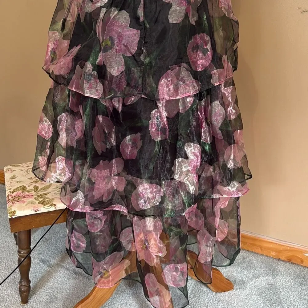 Lulus tiered black floral midi dress size large tie straps whimsigoth fairy dark - Picture 7 of 12